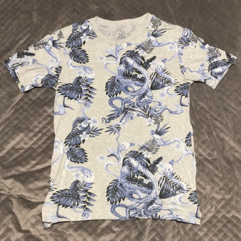Snakes and Ferns Blue and Light Gray Print T-Shirt